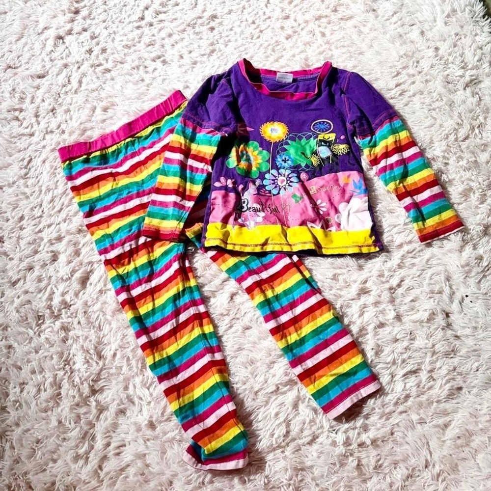 Rainbow Vivid Stripe Floral Whimsical Outfit Set Girls 5 Kidcore Weird Eccentric